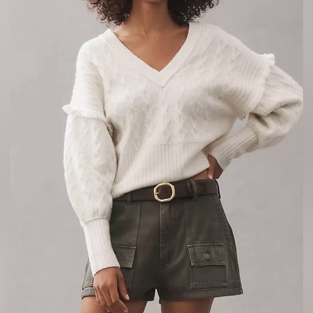 Anthropologie PILCRO V-Neck Drop Shoulder Cable Sweater Cream Size Large